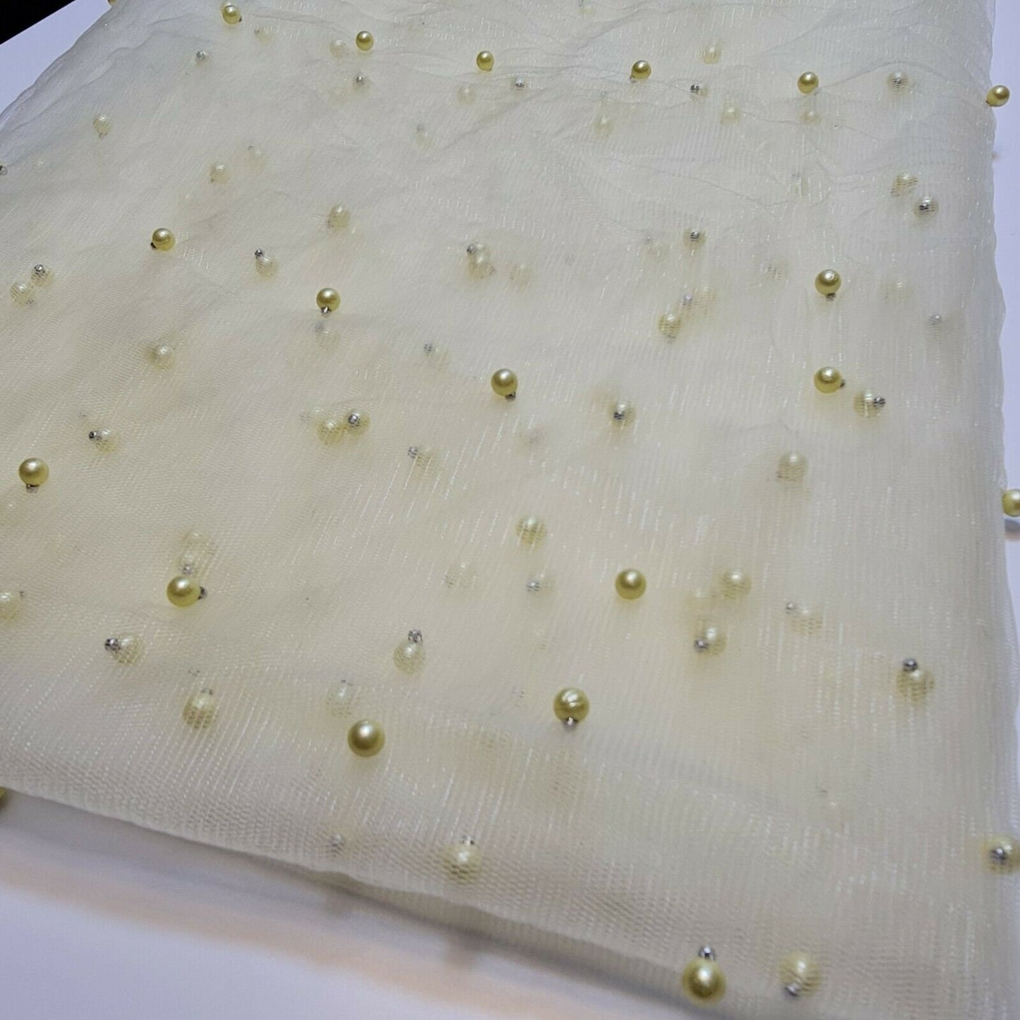 Tulle Beaded Pearl Lace Net Fabric Bridal Veil Wedding Backdrop Décor 58" (Lemon)