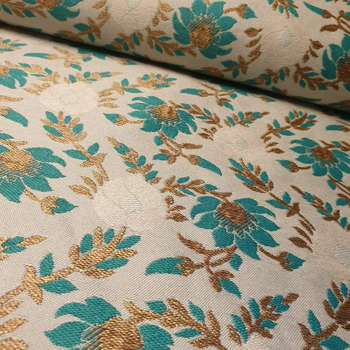 Indian Brocade Banarasi Jacquard Upholstery Craft Cushion Dress Fabric 44" (Beige Base with Turquoise Flowers)