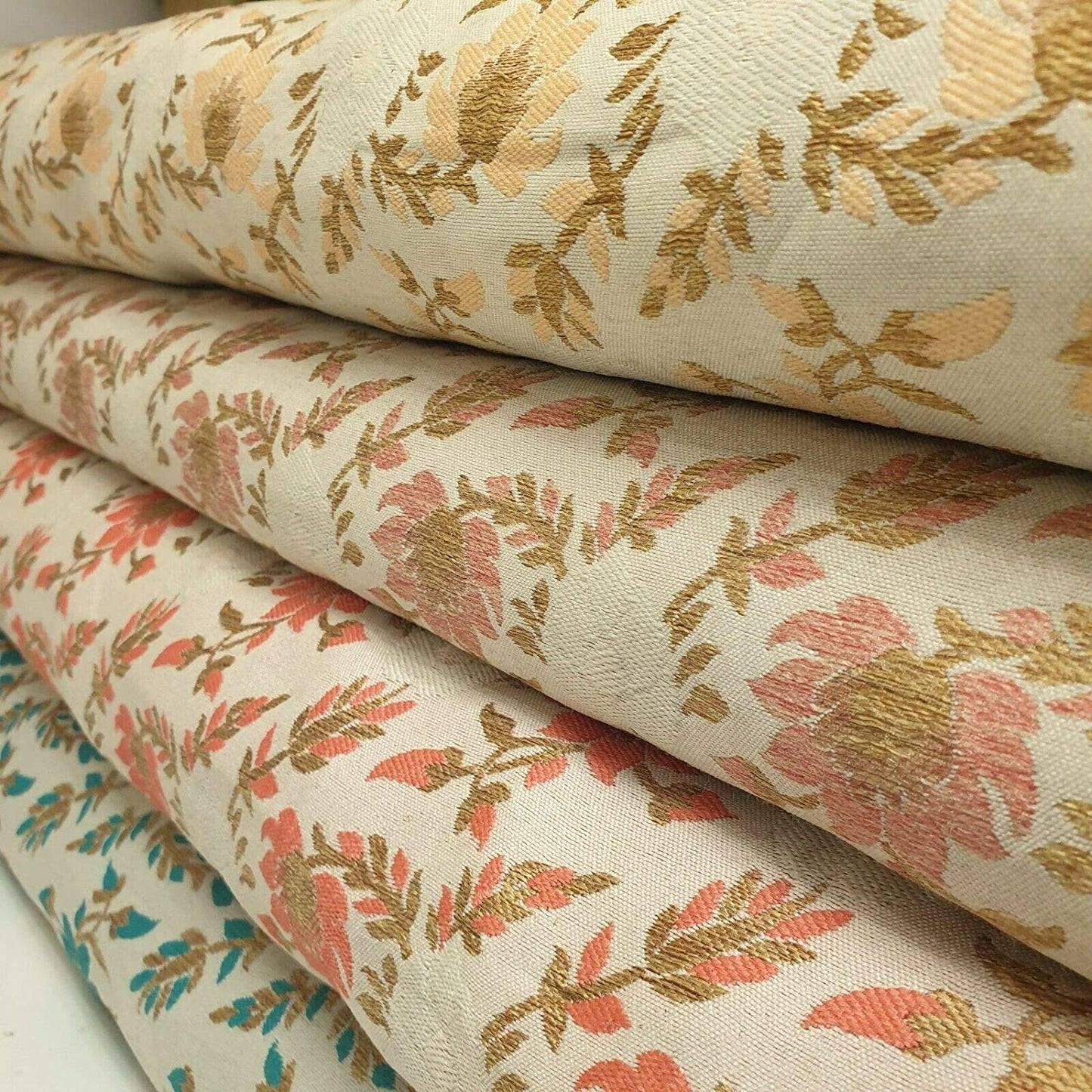 Indian Brocade Banarasi Jacquard Upholstery Craft Cushion Dress Fabric 44" (Beige Base with Baby Pink Flowers)