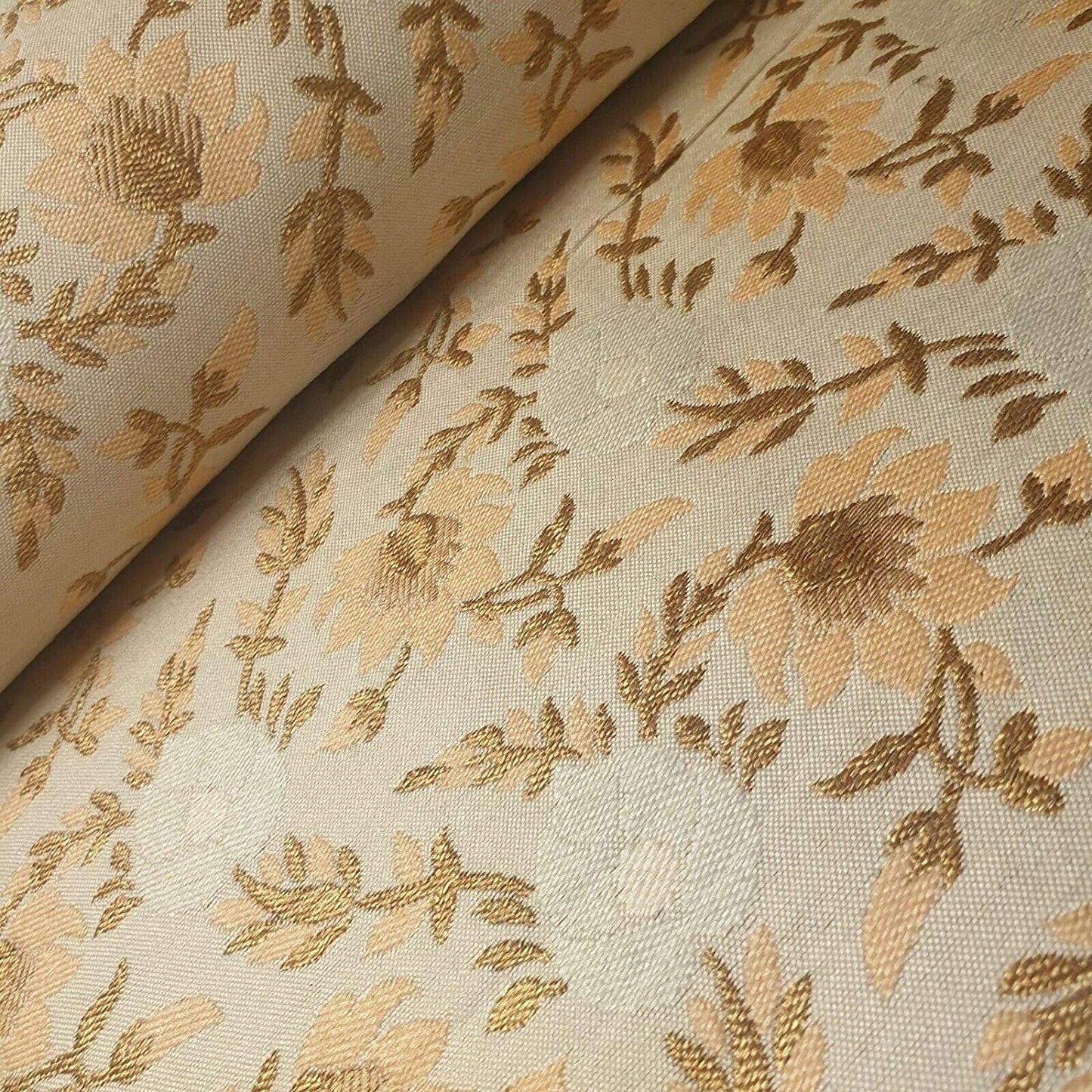 Indian Brocade Banarasi Jacquard Upholstery Craft Cushion Dress Fabric 44" (Beige Base with Light Peach Flowers)