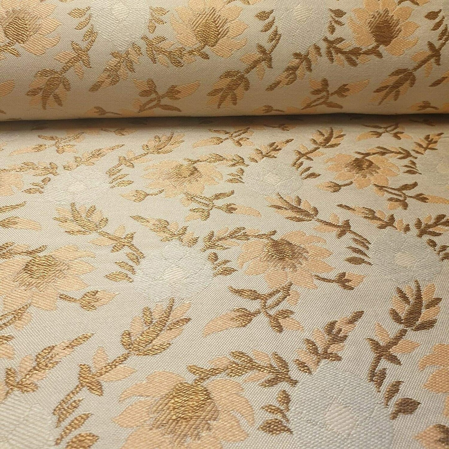 Indian Brocade Banarasi Jacquard Upholstery Craft Cushion Dress Fabric 44" (Beige Base with Light Peach Flowers)
