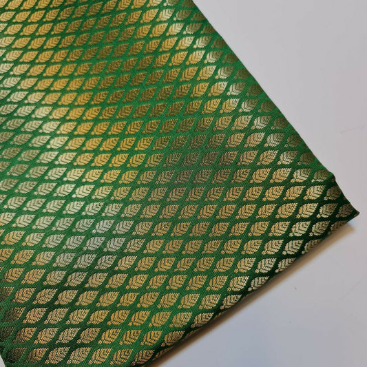 Emerald Green Brocade Fabric | Ditsy Gold Leaf Floral Jacquard | Indian Dress & Craft Material | Traditional Banarasi Style | 44” Wide (Sold by the Metre)