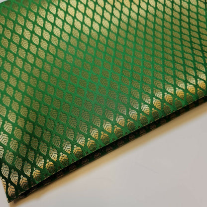 Emerald Green Brocade Fabric | Ditsy Gold Leaf Floral Jacquard | Indian Dress & Craft Material | Traditional Banarasi Style | 44” Wide (by the Metre)