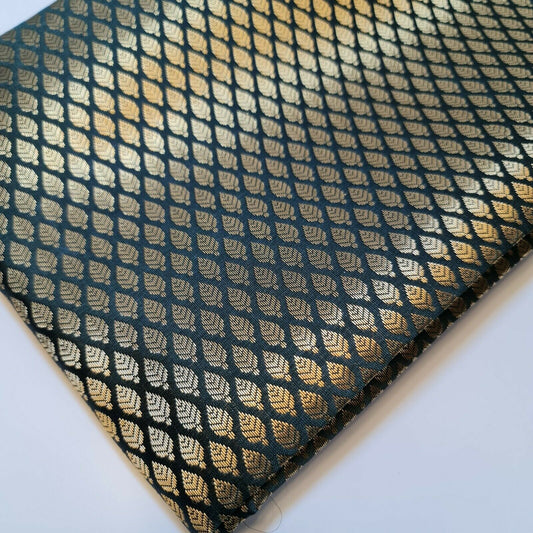 Bottle Green Ditsy Gold Leaf Print Banarasi Brocade Fabric – 44” Wide – Floral Jacquard Indian Dress & Craft Material (By the Meter)