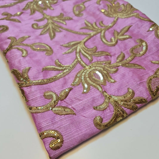 Mauve Luxury Faux Raw Silk Fabric with Gold Floral Embroidery – 44” Wide – Dress, Décor & Craft Material (By the Meter)