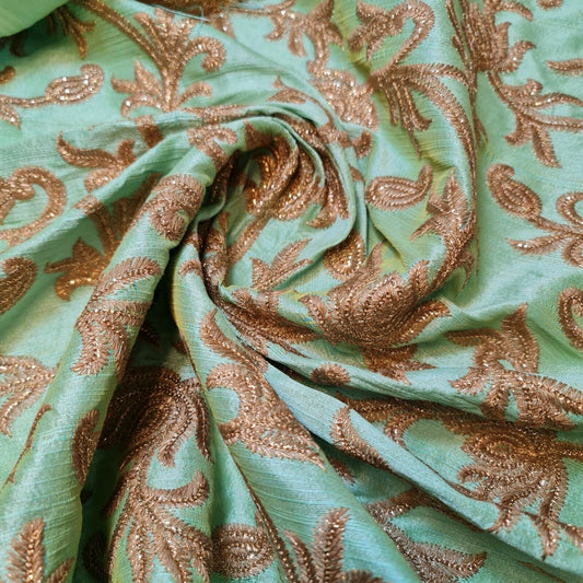 Luxury Faux Raw Silk Gold Embroidery Fabric Fancy Dress fabric Home Decor 44" (Green)