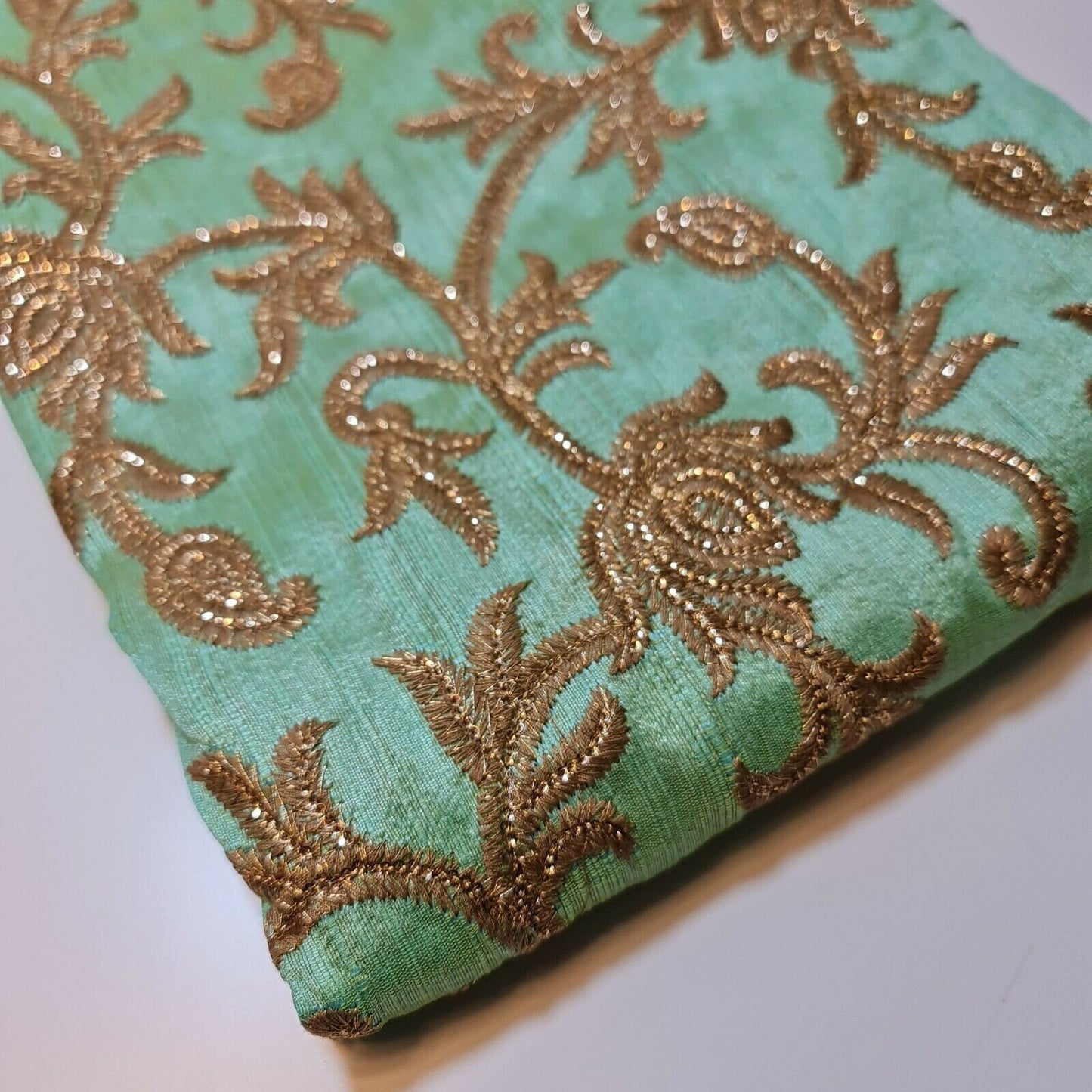 Luxury Faux Raw Silk Gold Embroidery Fabric Fancy Dress fabric Home Decor 44" (Green)