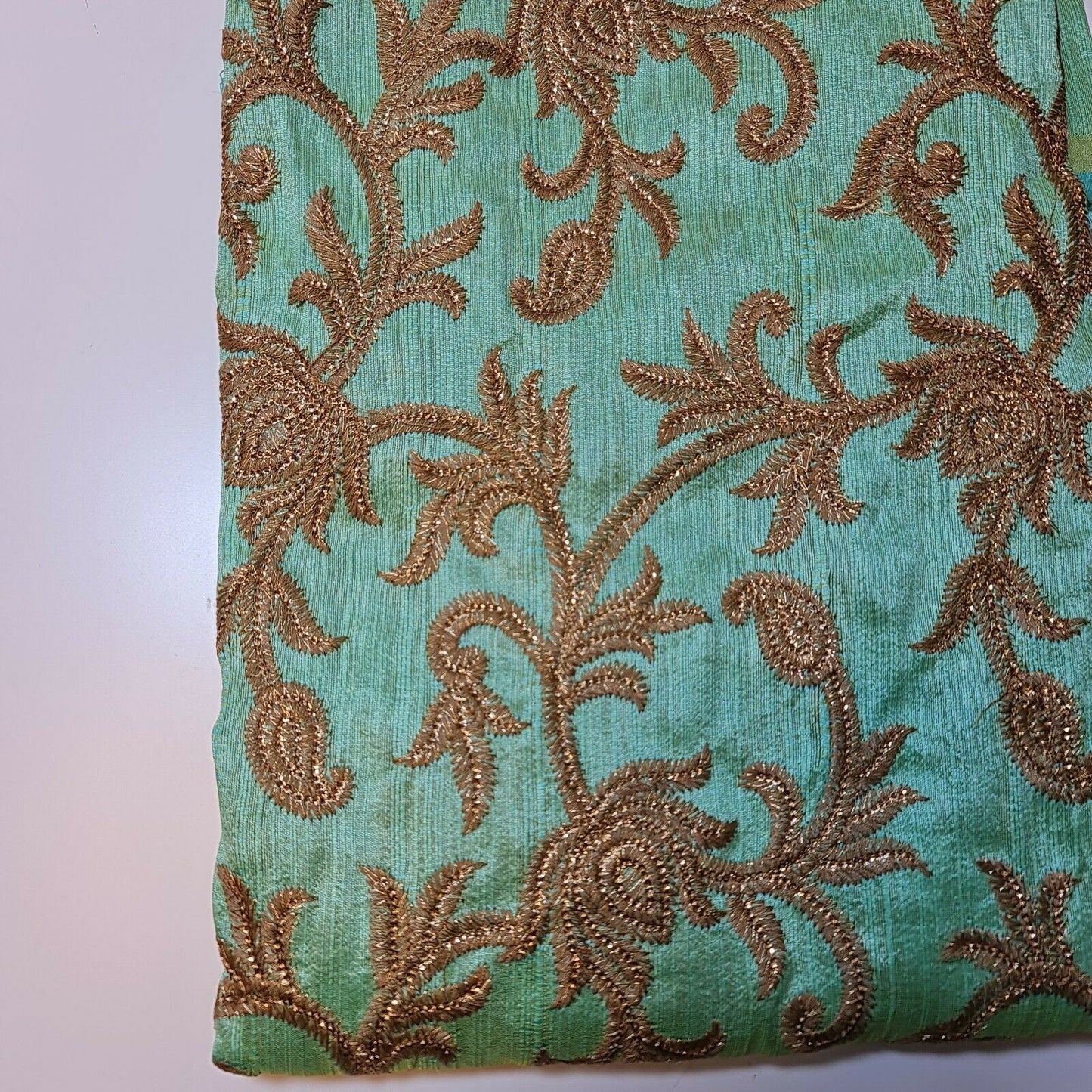 Luxury Faux Raw Silk Gold Embroidery Fabric Fancy Dress fabric Home Decor 44" (Green)