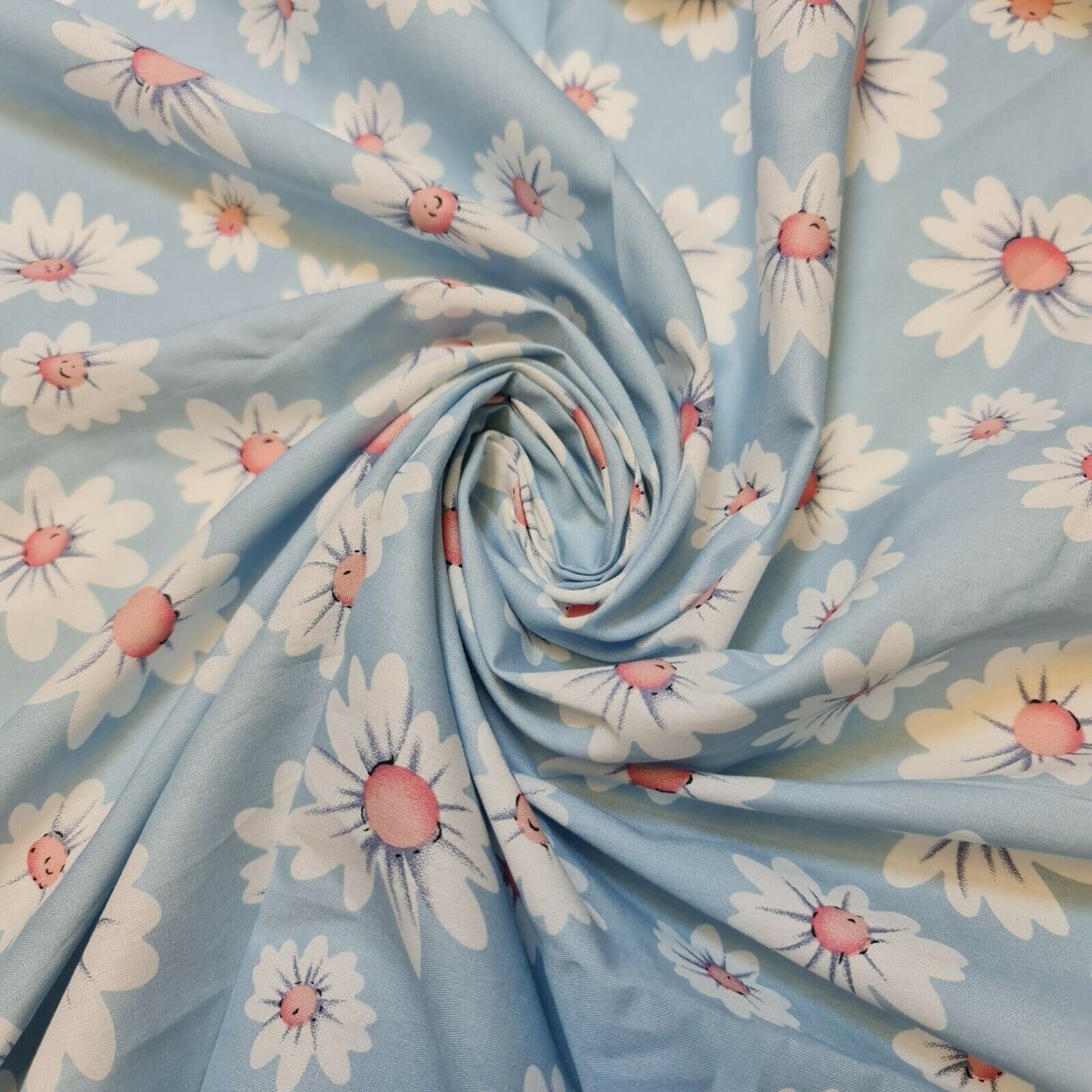 100% Cotton Poplin Daisy Flower Print Fabric Dress Craft Soft Fabric 58" Meter (Sky Base)