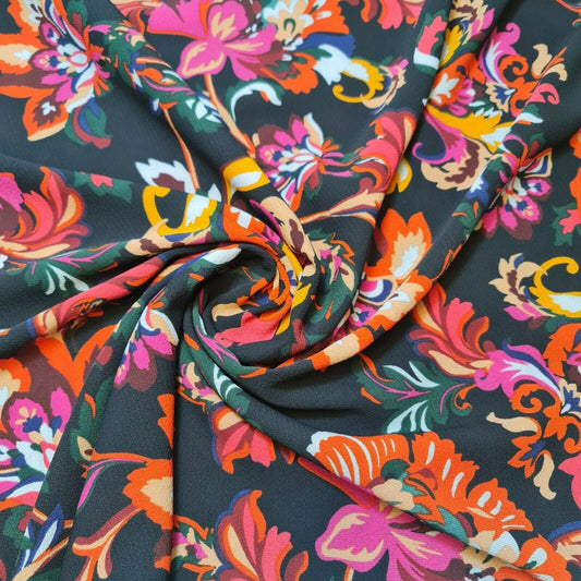 Weicher Poly-Kreppstoff mit Tier-Blumenmuster, Kleiderstoff, Bastelstoff, 147,3 cm, Meterware (Schwarz geblümt)