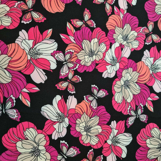 Black Floral Butterfly Print Soft Crepe Dress Drape Craft Fabric 58" Meter AJ