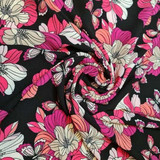 Black Floral Butterfly Print Soft Crepe Dress Drape Craft Fabric 58" Meter AJ