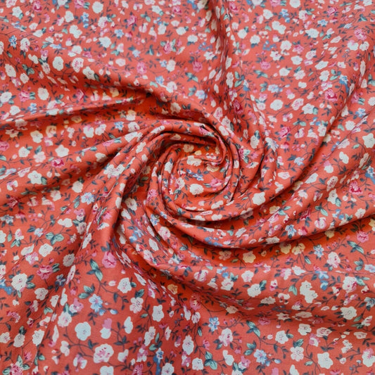 100% Cotton Poplin Ditsy Flower Print Fabric Dress Craft Soft Fabric 58" Meter (Coral)