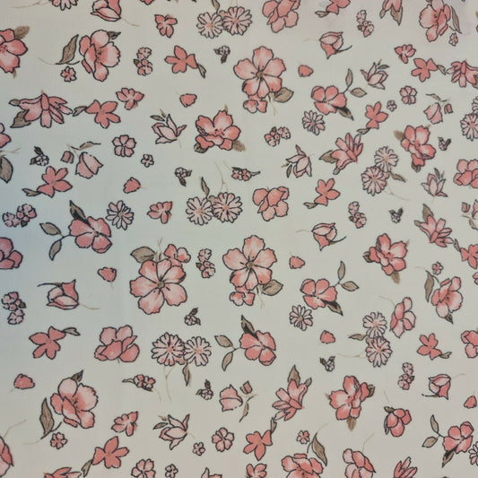 Mini Floral Print Crepe Fabric – Soft Pink Flowers on White | Lightweight Dress Material | 58" Wide | By the Meter