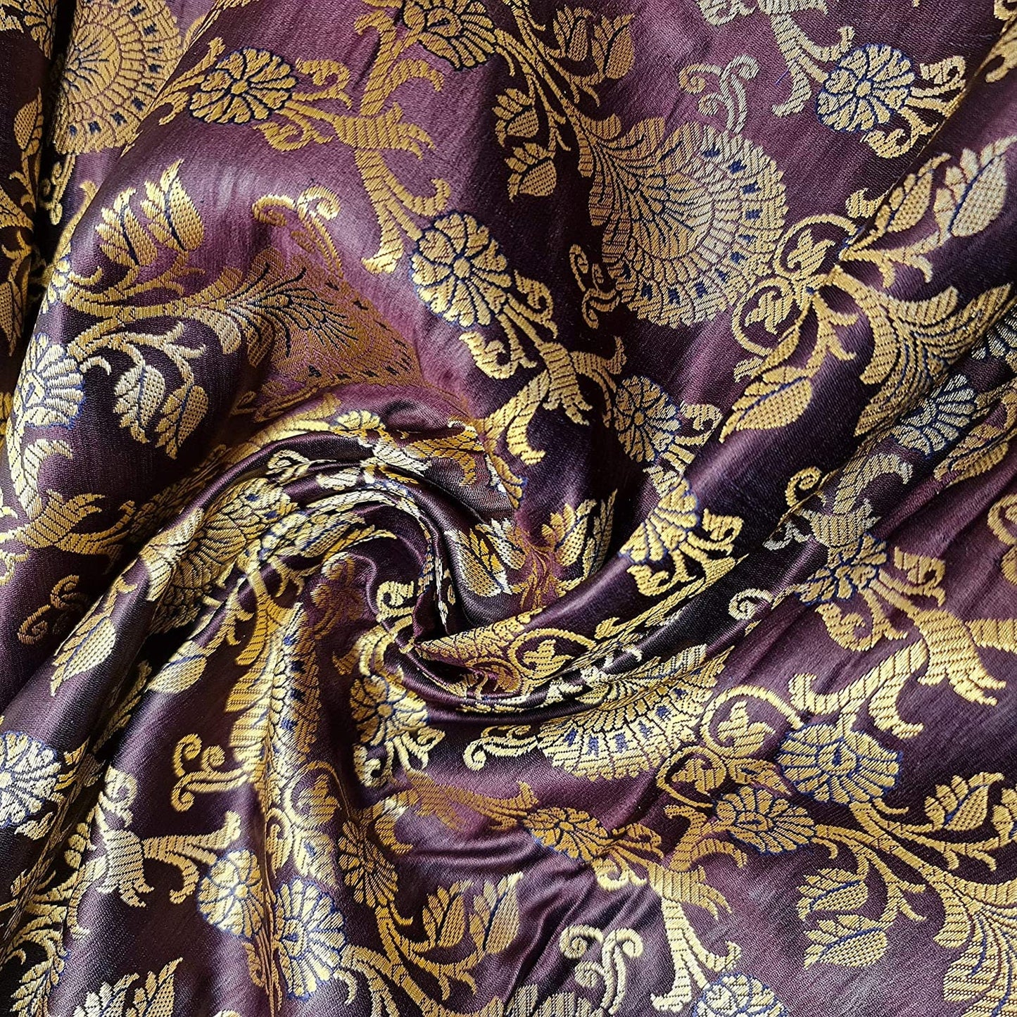 Ornamental Floral Gold Metallic Print Indian Banarasi Brocade Fabric (Wine)