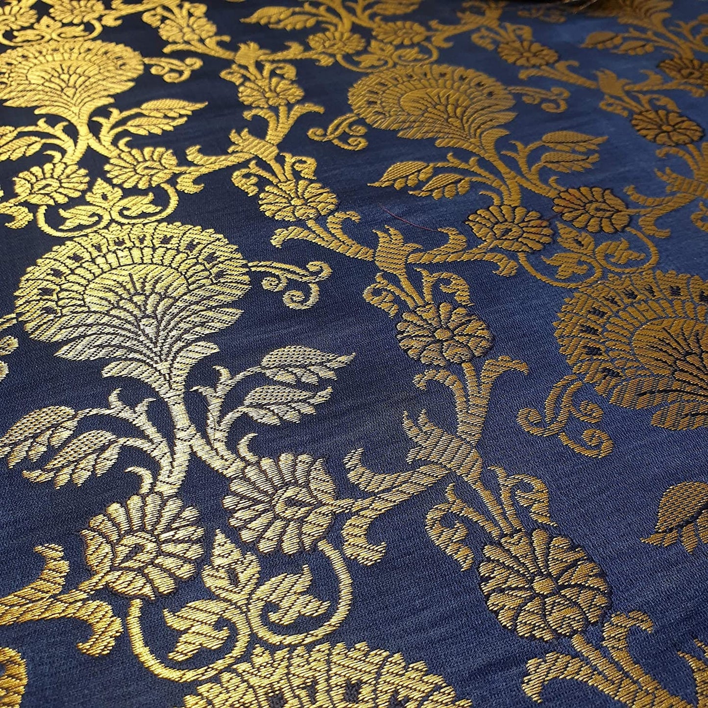 Ornamental Floral Gold Metallic Print Indian Banarasi Brocade Fabric (Navy Blue)