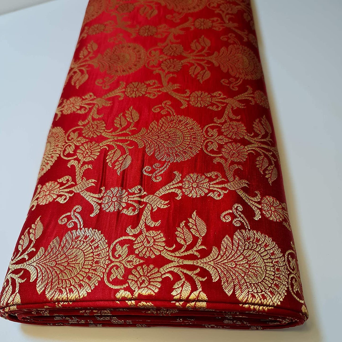 Ornamental Floral Gold Metallic Print Indian Banarasi Brocade Fabric (Red)