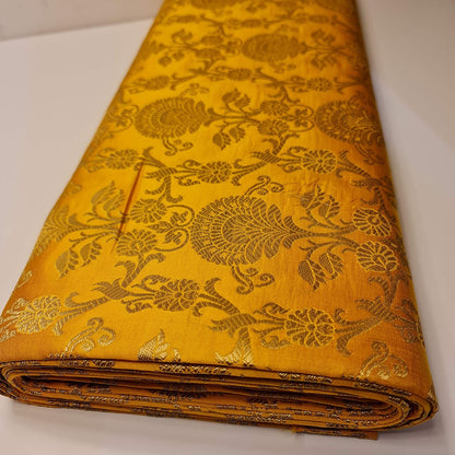 Mustard Yellow PEACOCK TRAIL Floral Gold Metallic Banarasi Brocade Fabric – Premium Handloom Indian Fabric (By the Meter)