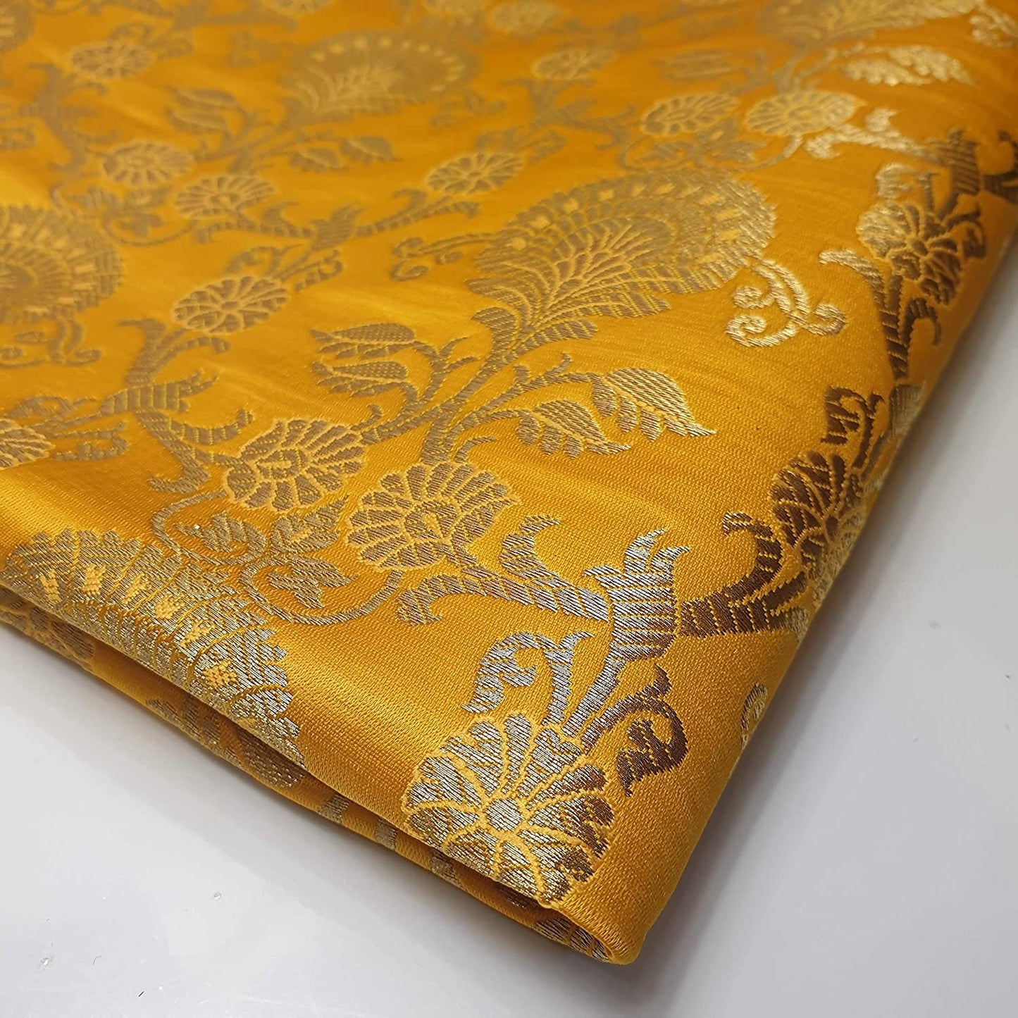 Ornamental Floral Gold Metallic Print Indian Banarasi Brocade Fabric (Mustard Yellow)