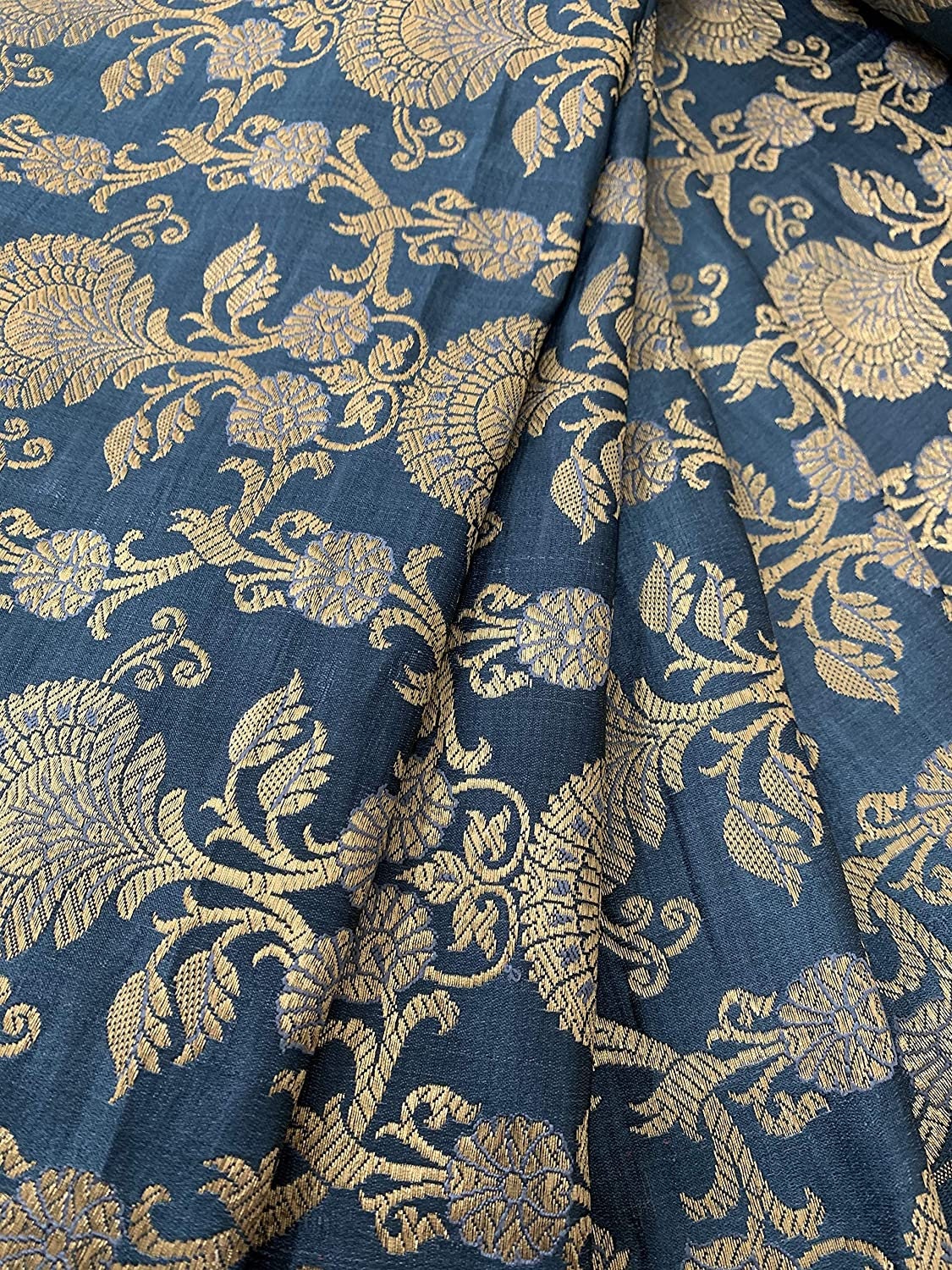 Ornamental Floral Gold Metallic Print Indian Banarasi Brocade Fabric (Marl Grey)