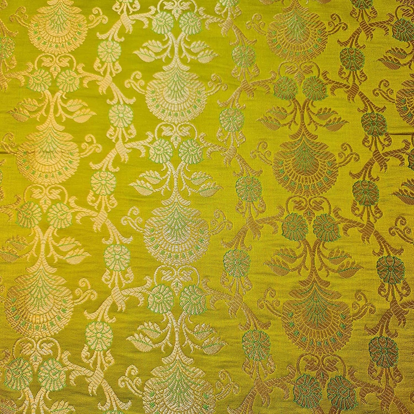 Ornamental Floral Gold Metallic Print Indian Banarasi Brocade Fabric (Lime)
