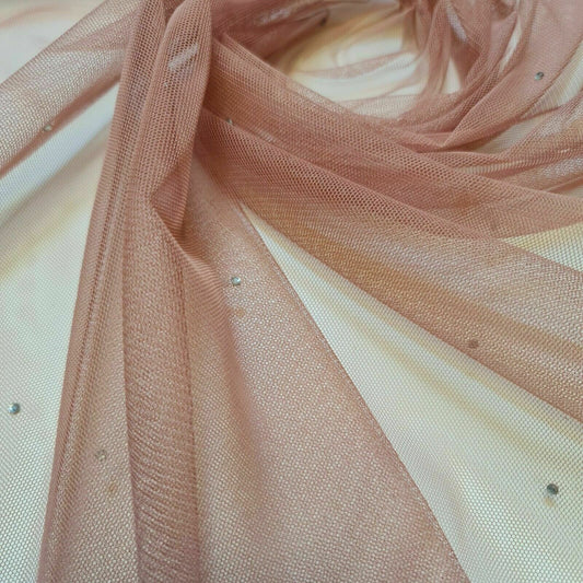 Premium Quality Mesh Net Sheer Fabric Dress Craft Lining Material 44" By Meter (Dusty Pink with Stud)