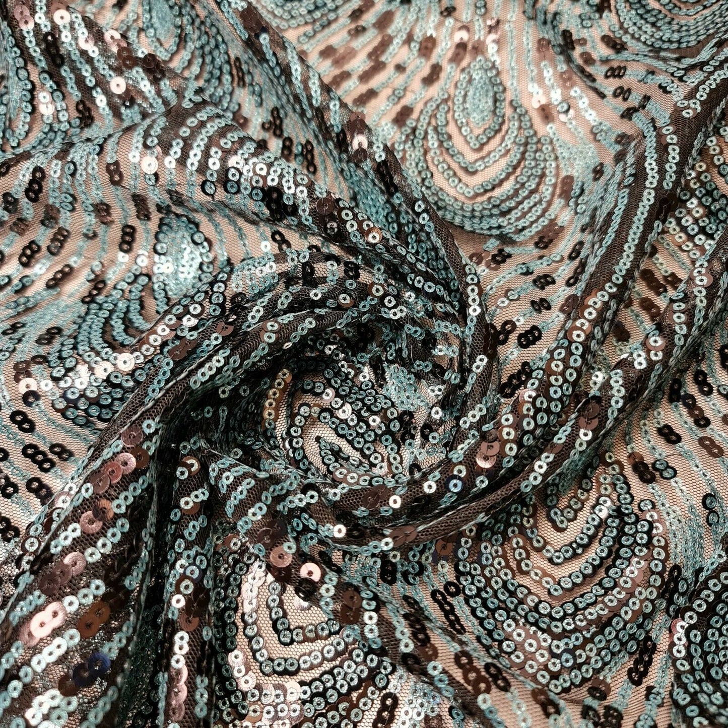 Premium Mesh Net Fabric Sequin Glitter Embroidery Dress Craft Material 150cm (Turquoise Black)