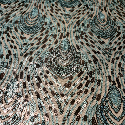 Hochwertiger Netzstoff mit Pailletten und Glitzer, Stickereien, Kleiderbastelmaterial, 150 cm (türkisschwarz)
