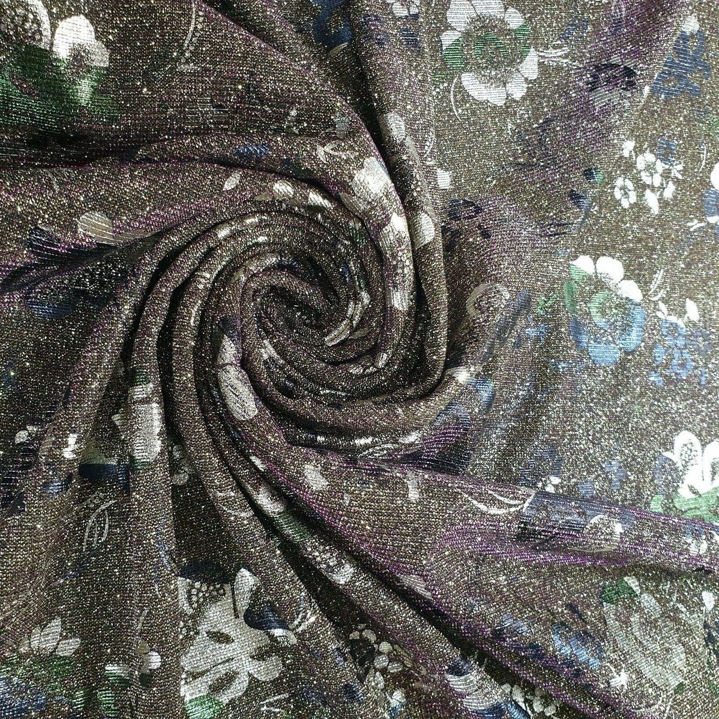 Purple Shimmer Moonlight Floral Printed Shiny Stretch Glitter Nylon Backdrop Fabric 58"