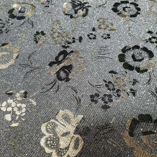 Hintergrundstoff aus glänzendem, dehnbarem Nylon mit Glitzereffekt „Sky Shimmer Moonlight“ mit Blumenmuster, 147,3 cm