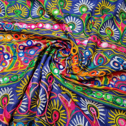 Baumwolle, indischer ethnischer Spiegelstickerei-Suzani-Rangoli-Boho-Banjara-Stoff, 111,8 cm (Design 2)