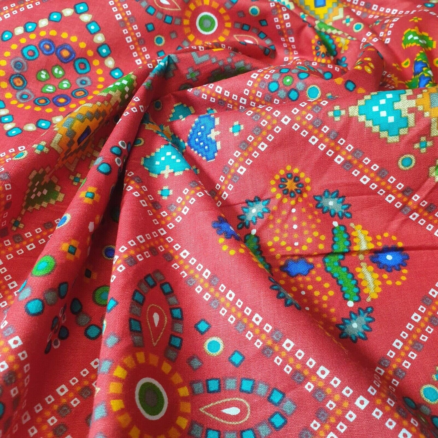 Baumwolle, indischer Ethno-Rajasthani-Druck, Suzani, Rangoli, Boho, Banjara-Stoff, 111,8 cm (Farbe – 2)