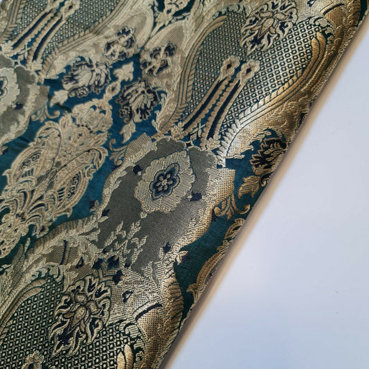 Ornamental Damask Premium Gold Metallic Indian Banarasi Brocade Fabric 44" Meter (BOTTLE GREEN)