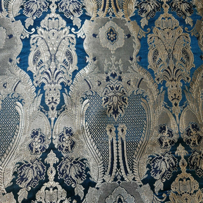 Blue Floral Brocade Jacquard Banarasi Fabric – 44” Wide – Indian Dress, Craft, Costume & Curtain Material (By the Meter)