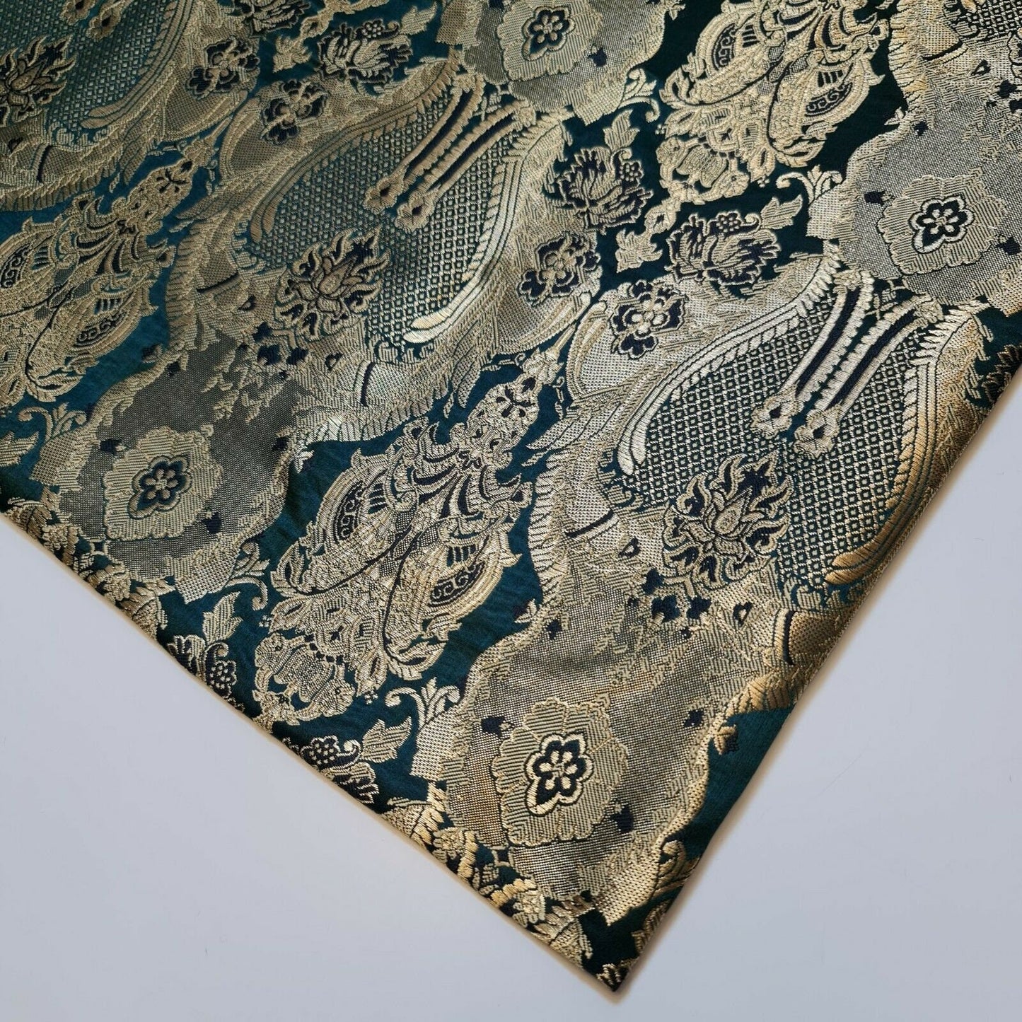Ornamental Damask Premium Gold Metallic Indian Banarasi Brocade Fabric 44" Meter (BOTTLE GREEN)