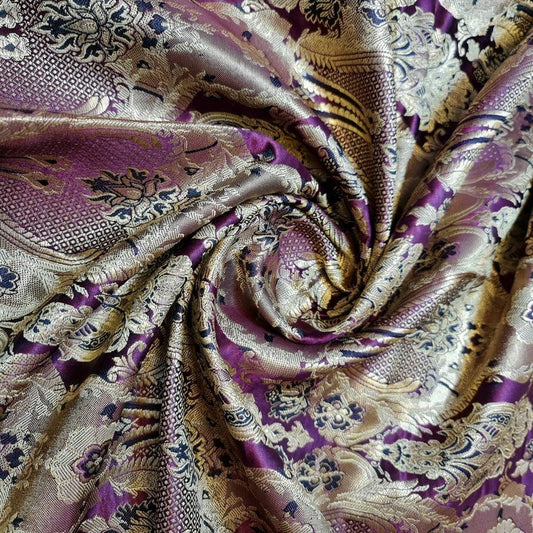 BURGANDY Floral Brocade Jacquard Banarasi Fabric – 44” Wide – Indian Dress, Craft, Costume & Curtain Material (By the Meter)