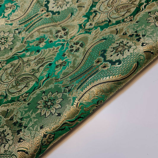 Ornamental Damask Premium Gold Metallic Indian Banarasi Brocade Fabric 44" Meter (EMERALD GREEN)
