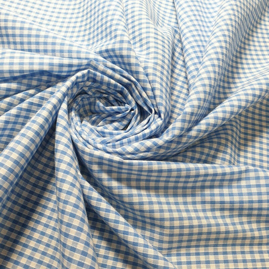 Sky Gingham Polycotton Fabric 1/8" Check Sewing Dressmaking Curtains Uniform Table cover Material 44" Meter
