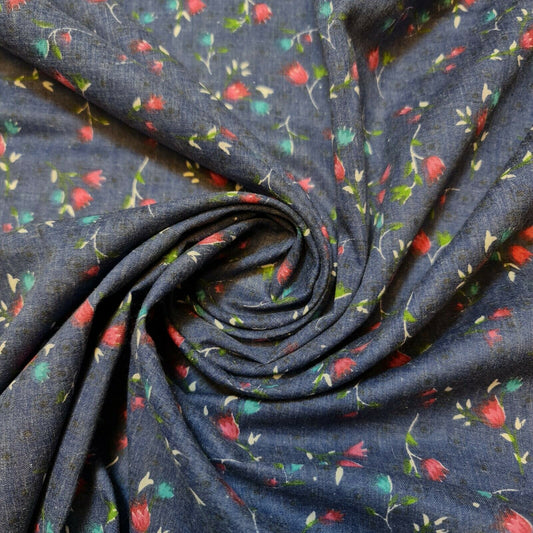 Weicher Polycotton-Kleiderstoff mit Blumenmuster im Vintage-Stil, 147,3 cm, Meterware (blau)