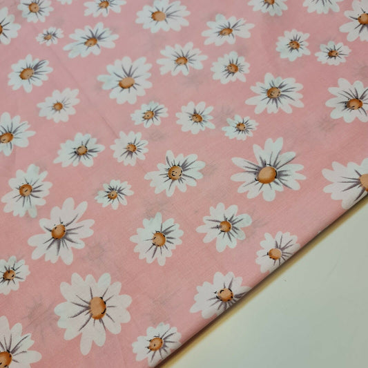 100% Cotton Poplin Daisy Flower Print Fabric Dress Craft Soft Fabric 58" Meter (Pink Base)