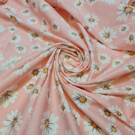 Pink 100% Cotton Poplin Daisy Flower Fabric Dress Craft Quilting Costume Material 58" By The Meter