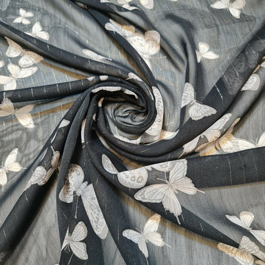 Animal Floral Printed Soft Poly Crepe Dress Drape Craft Fabric 58" By Meter (Black Butterfly)