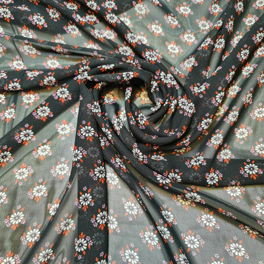 Animal Floral Printed Soft Poly Crepe Dress Drape Craft Fabric 58" By Meter (Daisy Black)