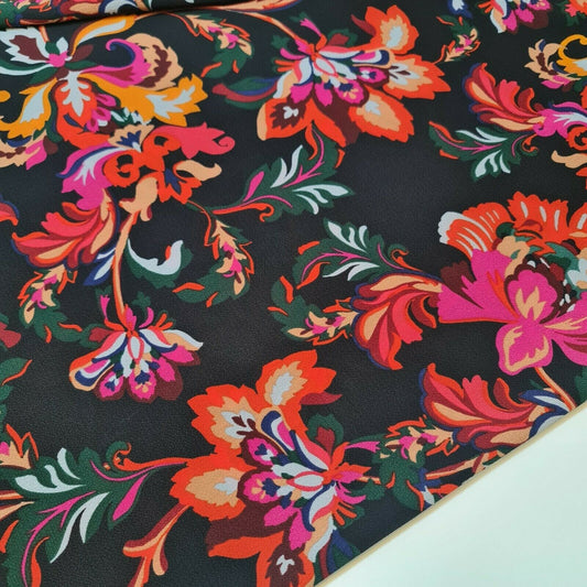Weicher Poly-Kreppstoff mit Tier-Blumenmuster, Kleiderstoff, Bastelstoff, 147,3 cm, Meterware (Schwarz geblümt)