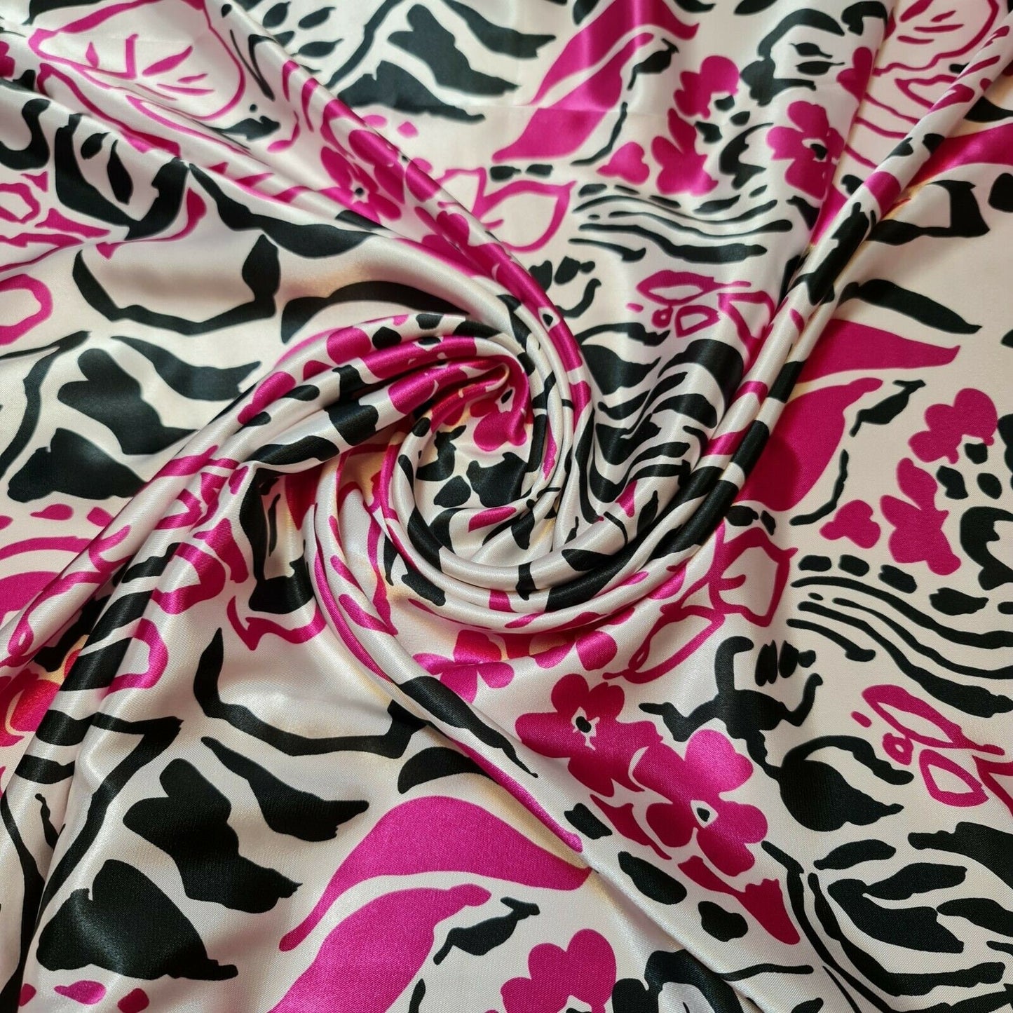 White Satin Soft Silky Finish Fabric Flowers Black Cerise Print Dress Drape 58"