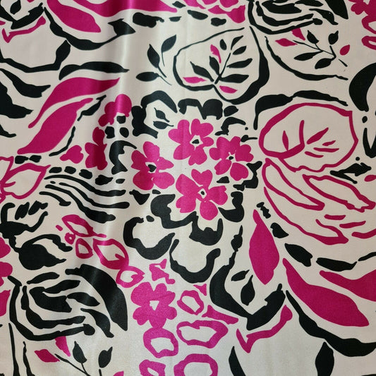 White Satin Soft Silky Finish Fabric Flowers Black Cerise Print Dress Drape 58"