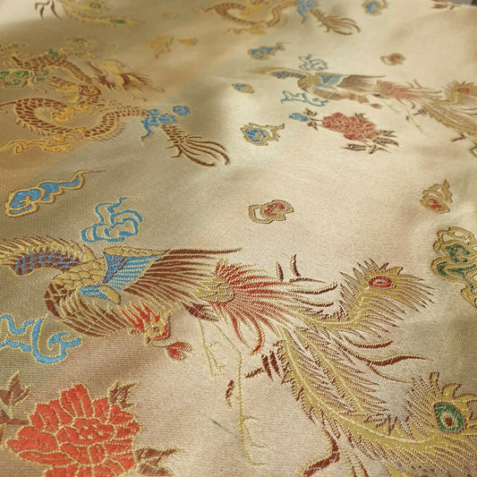 Traditional Chinese Embroidered Brocade Poly Silky Satin Oriental Dragon Print (Gold)
