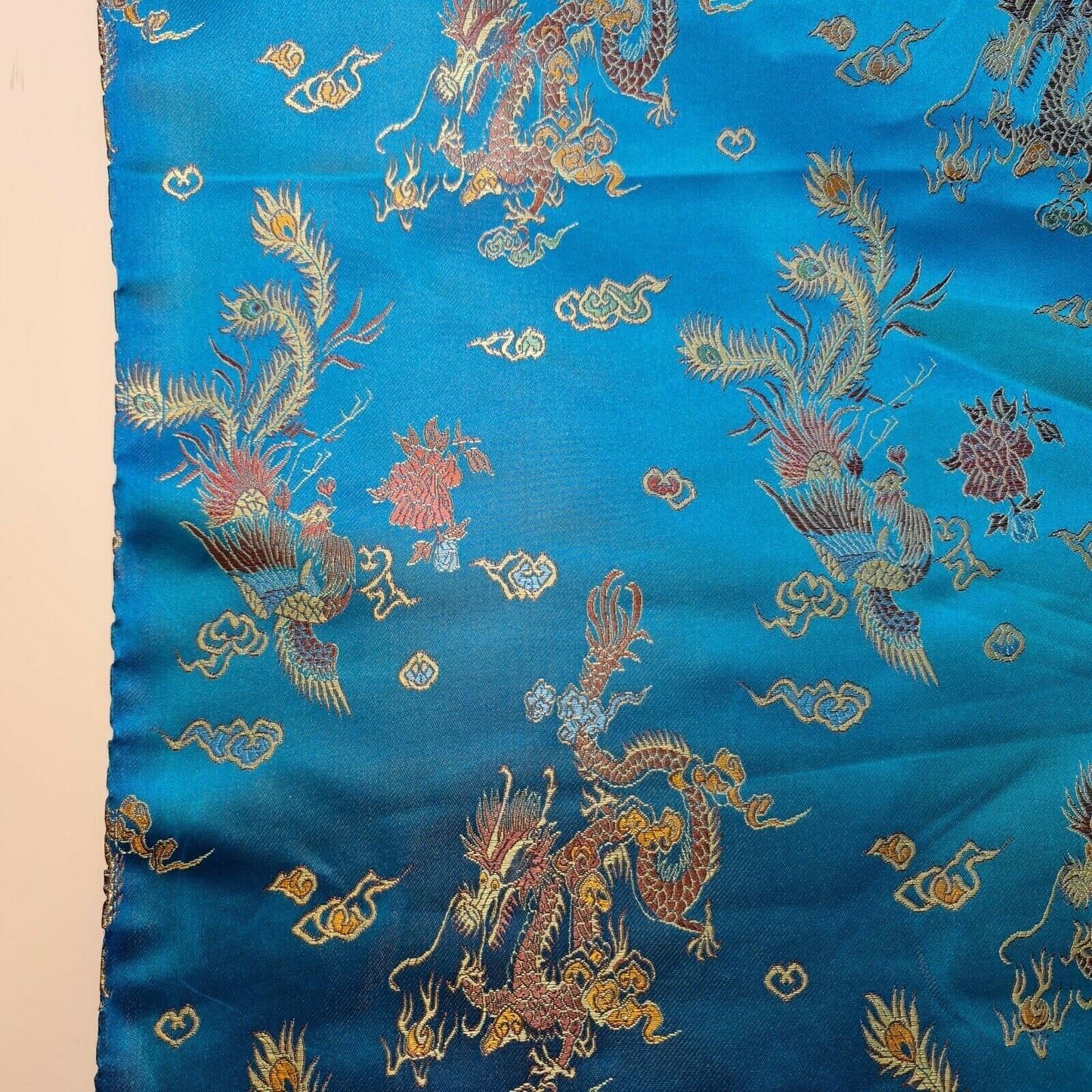 Traditional Chinese Embroidered Brocade Poly Silky Satin Oriental Dragon Print By the Meter (Turquoise)