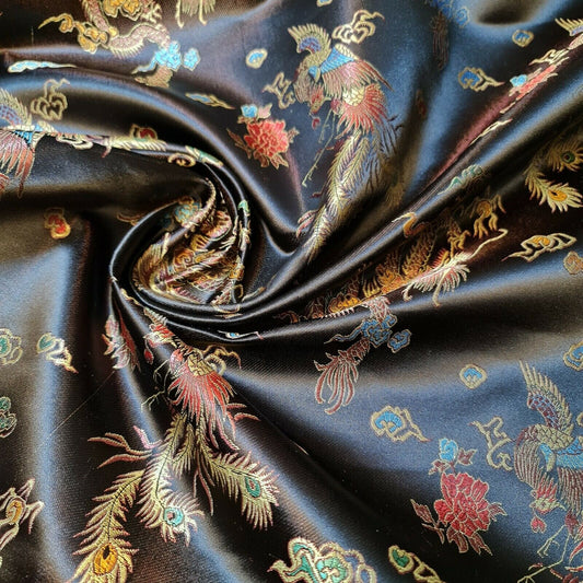 Traditional Chinese Embroidered Brocade Poly Silky Satin Oriental Dragon Print (Black-Brown)