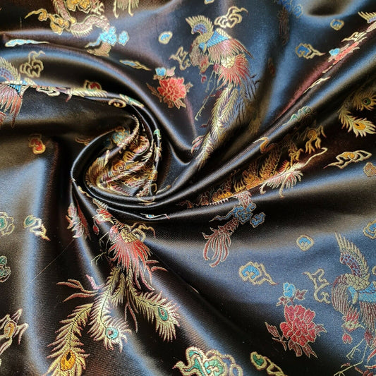 Black- Brown Oriental Chinese Embroidery Brocade Fabric – Poly Silk Satin Jacquard – 36” Wide – Traditional Costume & Craft Material (By the Meter)